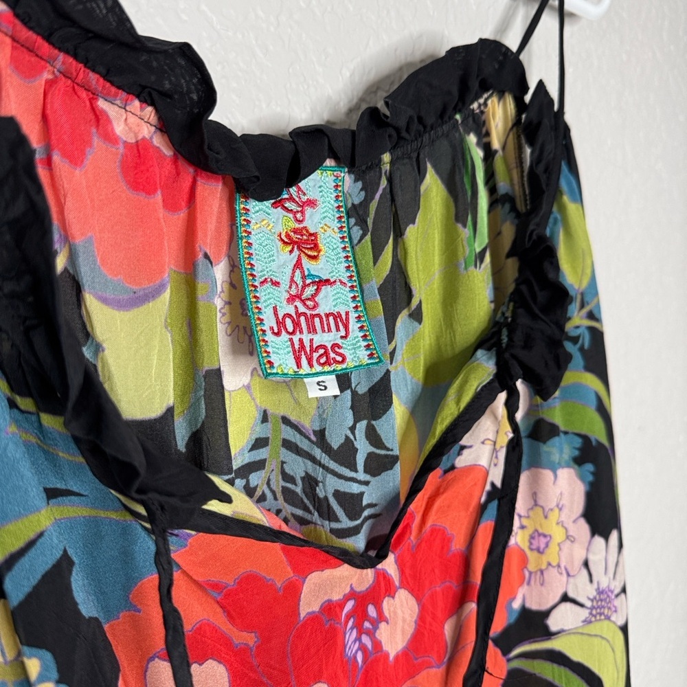 Johnny Was Fusion Cold Shoulder Black Floral Tunic Top Ruffle V Neck Spring SM - Picture 5 of 9